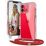 Vaykwo Cordon Coque pour iPhone 12 Mini 5.4'', Coque avec Collier Réglable pour iPhone 12 Mini, Protection Complète Transparente avec Tour de Cou, Rouge