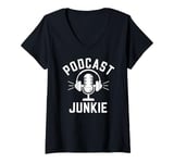 Womens Podcast Junkie Mic Headphones Retro Podcast Lover V-Neck T-Shirt