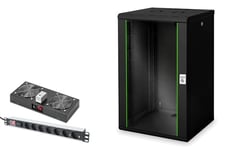 DIGITUS Set: Armoire réseau 19" 20U + Ventilateur de Toit + Bloc multiprise 7 Ports // Rack 19 Pouces - Montage Mural - 600mm de Profondeur - Charge 100kg - Profondeur utile 305-450 mm - Noir