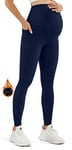 JOYSPELS Maternity Leggings Over The Belly with Pockets Non-See-Through Workout Pregnancy Leggings, Navy-1, Large