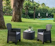 Dmora - Set salon d’extérieur Napoli, Salon de jardin composé de 2 fauteuils et 1 table conteneur, Salon effet rotin, 100% Made in Italy, Anthracite