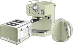 Swan Retro Kettle 4 Slice Toaster & Coffee Machine Matching Kitchen Set in Green