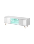 Meuble TV design EDEN 140 cm, 2 portes et 2 niches, coloris blanc + LED. Type scandinave.