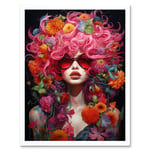 Flowerpunk Woman with Pink Hair and Flowers Vibrant Artwork Orange Pink Blue on Black High Detail Portrait Art Print Framed Poster Wall Decor 12x16 in