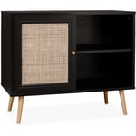 Sweeek - Meuble de rangement en cannage 80x39x65.8cm Bohème - Noir - 2 niveaux - 1 porte - pieds scandinaves. buffet bas