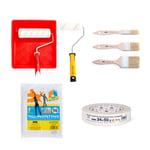 PENNELLIFICIO 2000 | Kit de peinture professionnelle composé de grand rouleau et petit rouleau, 3 pinceaux, bac en plastique, ruban en papier pour masquage, bâche de protection 4 x 4 mètres - Fabriqué