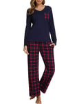 iClosam Women's Pyjama Sets Cotton Ladies Pyjamas Soft 2 Piece Pjs Set Long Sleeve V Neck Loungewear and Plaid Pants Sleepwear with Pockets Drawstring Red