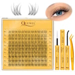 QUEWEL Wispy Cluster-Lashes Natural Look, D Curl Reusable Eyelash Extension Kit, Super Thin Band Eyelash Clusters Kit with Lash Bond and Seal Waterproof and Lash Tweezer(Feather 02-kit）