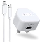 Avoalre 20W iPhone Fast Charger Cable and Plug PD3.0 2-Port USB C Fast Charger with A 2m USB C to Lightning Cable for iPhone 14 13 12 11 Pro Max Mini XR XS X SE 2020 8 Plus iPad Pro AirPods