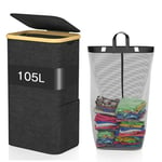 GLOWPOINT 105L Laundry Basket with Lid, Large Foldable Washing Basket with Removable Inner Bag, Water-resistant Oxford Laundry Hamper, Laundry Bin for Bedroom, Bathroom, Laundry Room,Black