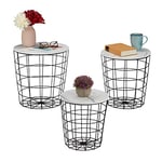 Relaxdays Table Corbeille, Lot de 3, guéridon 3 Tailles, métal, Aspect marbre, Tablette Rangement pour Salon, Noir-Blanc