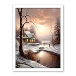 Artery8 Winter Cottage Landscape Oil Painting Snow Lake Sunset Snowy Trees Artwork Framed Wall Art Print 18X24 Inch