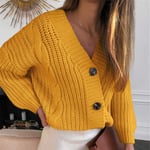 HKVML Women Short Cardigan Knitted Sweater Autumn Winter Long Sleeve V neck Jumper Cardigans Casual Streetwear,yellow