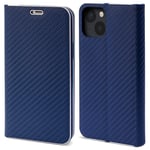 Moozy Étui Portefeuille pour iPhone 13, Bleu Foncé Carbone - Étui à Rabat avec Bordure Métallique, Fermeture Magnétique, Flip Cover avec Porte-Cartes et Fonction Béquille - Neuf