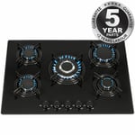 SIA GHG713BL 70cm Black 5 Burner Gas On Glass Hob With Enamel Pan Stands & FFD