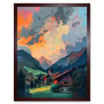 Small Village in the Alps Atmospheric Clouds Over Cabins at Dawn Modern Watercolour Painting Art Print Framed Poster Wall Decor 12x16 inch