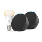 Echo Pop | Charcoal, 2-pack + Philips Hue White Smart Light Bulb LED (E27), Works with Alexa - Smart Home Starter Kit