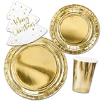 Decoraparty Set de vaisselle de Noël doré, décorations de table jetables pour 6 personnes pour fêtes de Noël Noël, 6 grandes assiettes, 6 petites assiettes, 20 serviettes, 6 serviettes, 6 verres