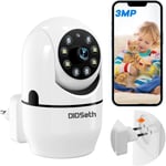 2K Caméra Surveillance WiFi Intérieure, 3MP Caméra de Surveillance Intérieure sans Fil, 360 Degrés PTZ Caméra Plug & Play, Détection Humaine/Mouvement, Vision Nocturne, Audio Bidirectionnel