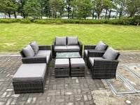 9 Seater Dark Grey Mixed High Back Rattan Sofa Set Oblong Coffee Table Garden Furniture Outdoor Patio