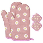 AUAUY Oven Mitts and Potholders, BBQ Gloves Heat Resistant, 1 Pair Oven Mitts and 2 Pot Holders, Cotton Non-Slip Cooking Gloves for Cooking Baking Kitchen Microwave Pizza (Daisy-Pink)