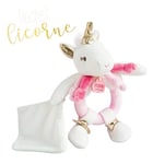 Doudou et Compagnie - Doudou Hochet Bébé Licorne avec Doudou Mouchoir- Collection Lucie La Licorne - 17 cm - Blanc/Rose - Avec Jolie Boîte Cadeau à Offrir - Idée Cadeau Naissance Bébé - DC3310