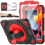 SEYMAC stock 360° Rotating Stand/Hand Strap Shockproof Case for iPad 9th/8th/7th Generation 10.2 inch 2021/2020/2019, Red+Black