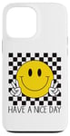 Coque pour iPhone 13 Pro Max Have a Nice Day, sourire rétro des années 70, visage souriant à carreaux