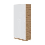 Armoire Daabec, armoire de chambre avec 2 portes, armoire avec 3 Etageres et tringle à vêtements, 90x52h200 cm, chêne et blanc