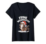 Womens Merry Christmas British Long Hair Cat Frohe Weihnachten V-Neck T-Shirt