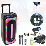 Enceinte sur batterie Karaoke USB Bluetooth MS-MAGIC-SOUND1000 TWS 1000W 2 micros - Boule Disco - Effet Waterwave - Machine Fumée