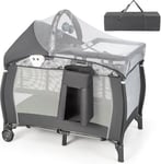 Lit Parapluie Bebe avec Matelas 4 en 1 Berceau Bébé Evolutif avec Table a Langer Roues Verrouillables Jouets Suspendus