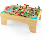 Table Circuit de Train Enfant 3 Ans+ en Bois,84Pcs Train Bois Jouet avec Plateau Réversible&Amovible - Goplus