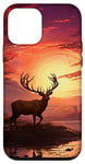 Coque pour iPhone 12 mini Cerfs à l'orignal du lac dans la forêt à la nuit wapiti coucher de soleil et arbres.