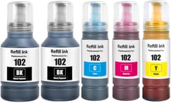 102 Encre Compatible avec Epson 102 Bouteille d'encre Multipack pour ET-2700 ET-2750 ET-2751 ET-2756 ET-2850 ET-2856 ET-3700 ET-3750 ET-4750 ET-4850 ET-4856 ET-15000 (5-Pack, 2BK C M Y)