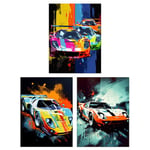 Artery8 Set of 3 A4 Racing Car Motorsport Grand Prix Paintings Bright Colourful Mancave Gift for Him Unframed Wall Art Living Room Poster Prints Pack