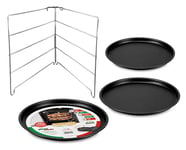 Formegolose Collection, 3 assiettes à pizza 28 cm en acier avec revêtement antiadhésif, couleur noire + grille porte-pizza