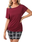 Gyabnw Robe Décontractée Femme Courte Robe Femme Été 2 Pièces Robe Casual Femme Chic Élégante Imprimé Tee Shirt Manche Courte avec Robe à Bretelles Tunique Robes de Plage Rayé Bordeaux,XL