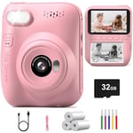 Hangrui Kids Camera, 3.0'' Kids Camera Instant Print,1080P Kids Instant Print Camera with 32G Card and Printing Paper, Instant Camera for Kids with 5 Color Pens, Gift Toy for Girls Boys 3-12 Years Old