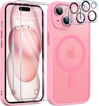 5 In 1 Magnétique Coque Compatible Avec Iphone 15 Aimantée Avec 2 Verres Trempés Et 2 Caméra Protecteur, Compatible Magsafe Dos Anti Rayures Coque Antichoc Tpu Bumper Case (Rose Translucide).[V145]