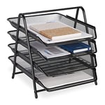 Relaxdays Document, 4 Compartments, Filing System, Mesh, Letter Tray A4, HxWxD: 32.5 x 30 x 35.5 cm, Metal, Black, Steel