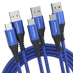 USB Type C Cable, [1M+1M+2M] QC 3.0 Fast Charging USB A to C Cable, Nylon Braided C Cable for Samsung Galaxy S21 S20 S10 Plus Note 10 LG Google Pixel Moto etc (Blue)