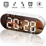 Home use Large LED Digital Alarm Clock, Electronic Mirror Clock Bedside Alarm Clocks with Snooze Function Dual USB Charger Ports for Bedroom Office Travel, Mains Powered,White