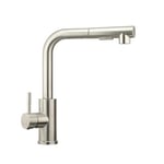 MASIDEF T191023 Mitigeur évier de cuisine satiné, douche amovible avec flexible en nylon, mesure 1,5 m, bouton de changement de jet, raccord 3/8", accessoires de fixation inclus, chromé mat