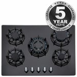 SIA 70cm 5 Burner Black Glass Gas Hob With Cast Iron Pan Stands And Wok Burner