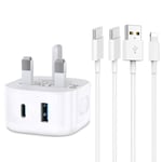 iPad and iPhone Charger Plug and Cable,Micro USB Plug Fast Charging Lightning Lead and Plug Type C Cable for Apple iPad Pro 12.9 11 Gen/Air/Mini,iPhone 16/15/14/13/12/11 Pro/Pro Max USBC Charger