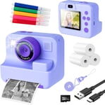 Appareil Photo Instantané Pour Enfants - Avec Papier D'Impression Et Carte Tf 32 G - Caméra Vidéo Avec Stylos Colorés - Jouet Cadeau Pour Enfants De 3 À 14 Ans (Violet)