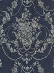 Perla Floral Damask Wallpaper Debona Textured Vinyl Navy Metallic Glitter