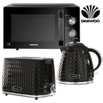 Daewoo Argyle Black Matching Kettle 2 Slice Toaster & Large 23L Microwave Set