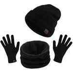 TAGVO Tricotés Ensemble d'hiver Bonnet écharpe Gants d'écran Tactile 3 en 1, Doublure Molleton Doux Bonnet tricoté Chaud Cache-Cou Extensible Gants tactiles à 3 Doigts pour Homme Femme